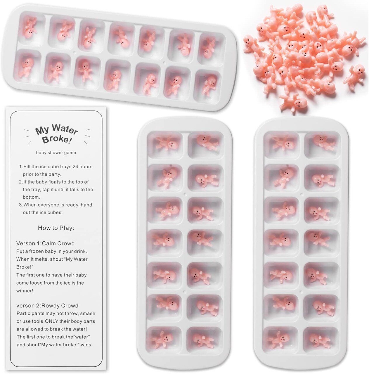 My Water Broke Baby Shower Game with 80 Mini Plastic Babies, 3 Ice Cube Trays and 1 Sign